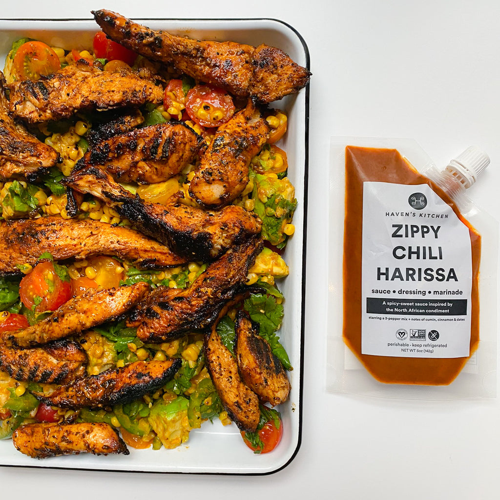Harissa-Honey Chicken Strips Over Corn Salad