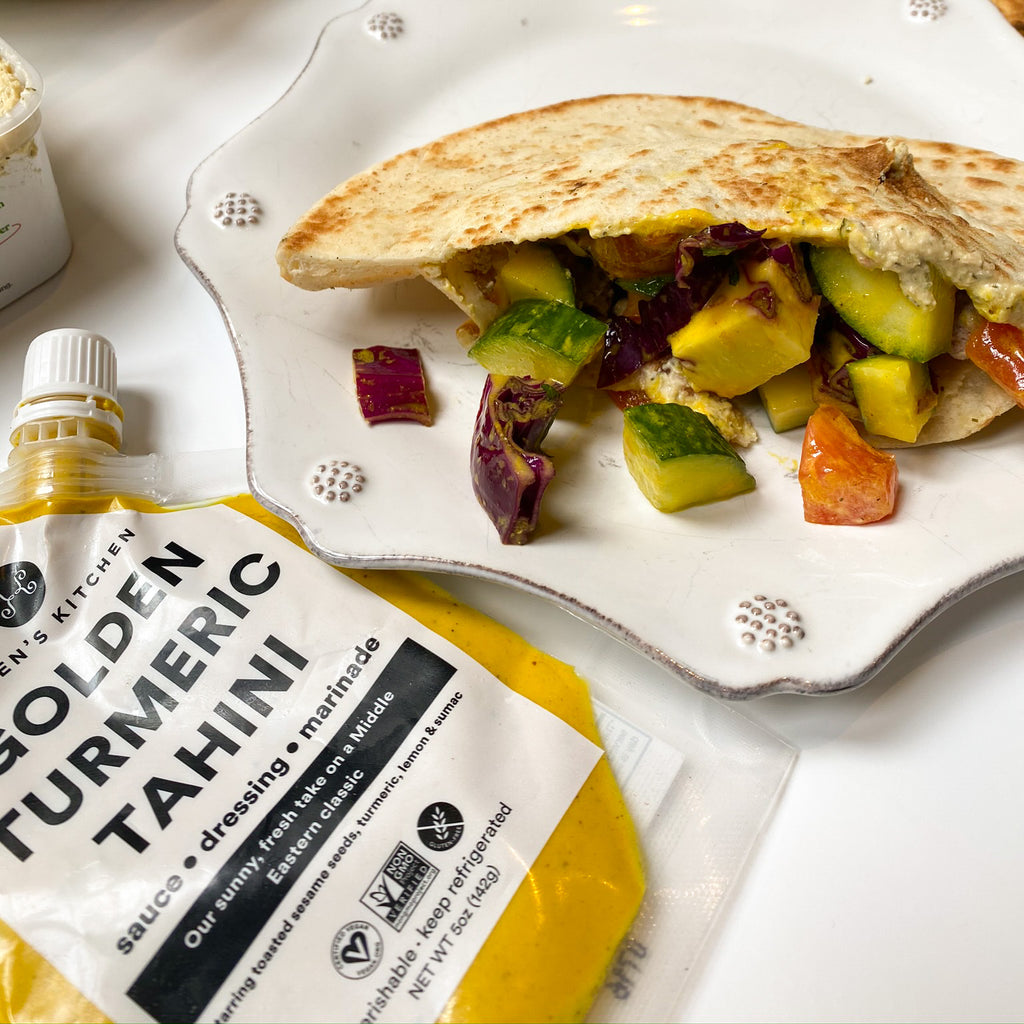 Crumbled Turkey Pita with Golden Tahini Salad