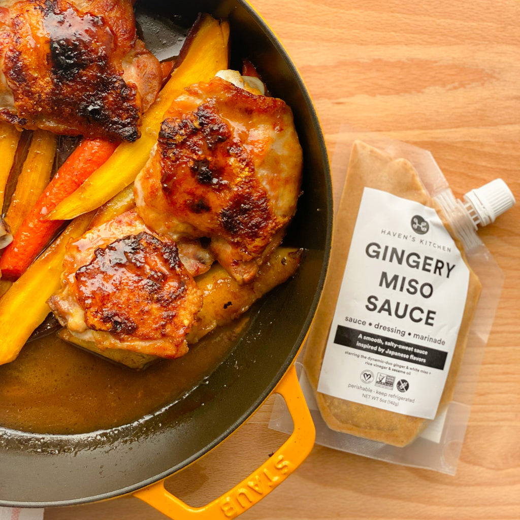 Miso Maple Chicken over Glazed Carrots