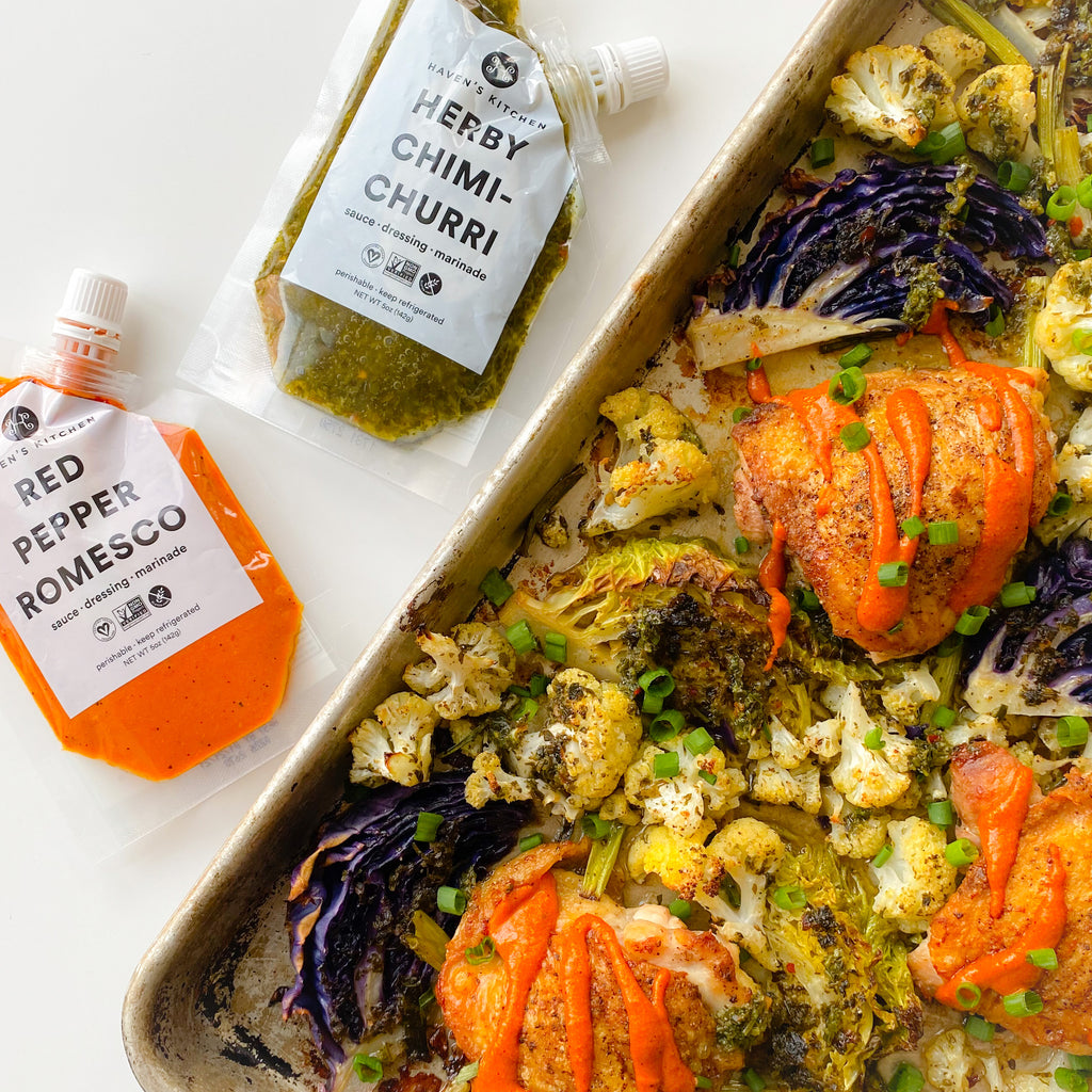 Chimichurri and Romesco Sheet pan Chicken