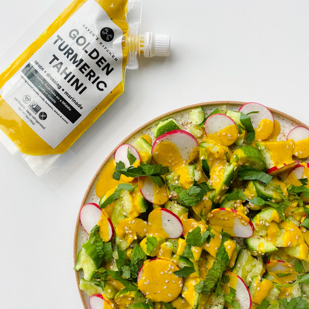 Golden Tahini Smashed cucumber salad