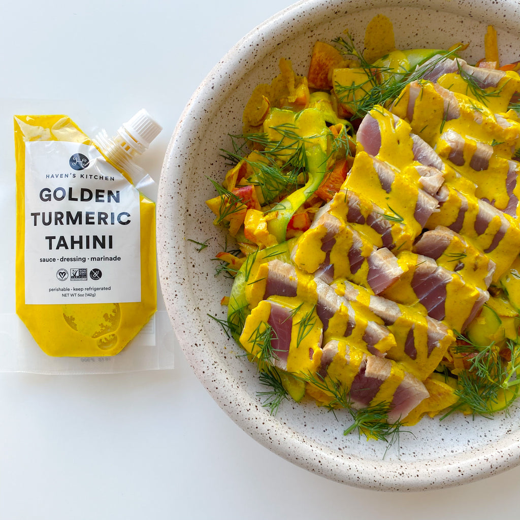 Tahini Mediterranean Salad with Seared Tuna