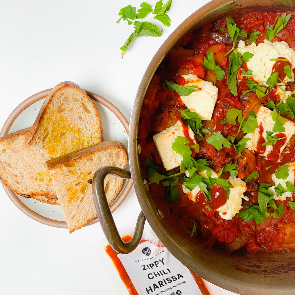 Zippy Harissa Feta Shakshuka with Eggplant