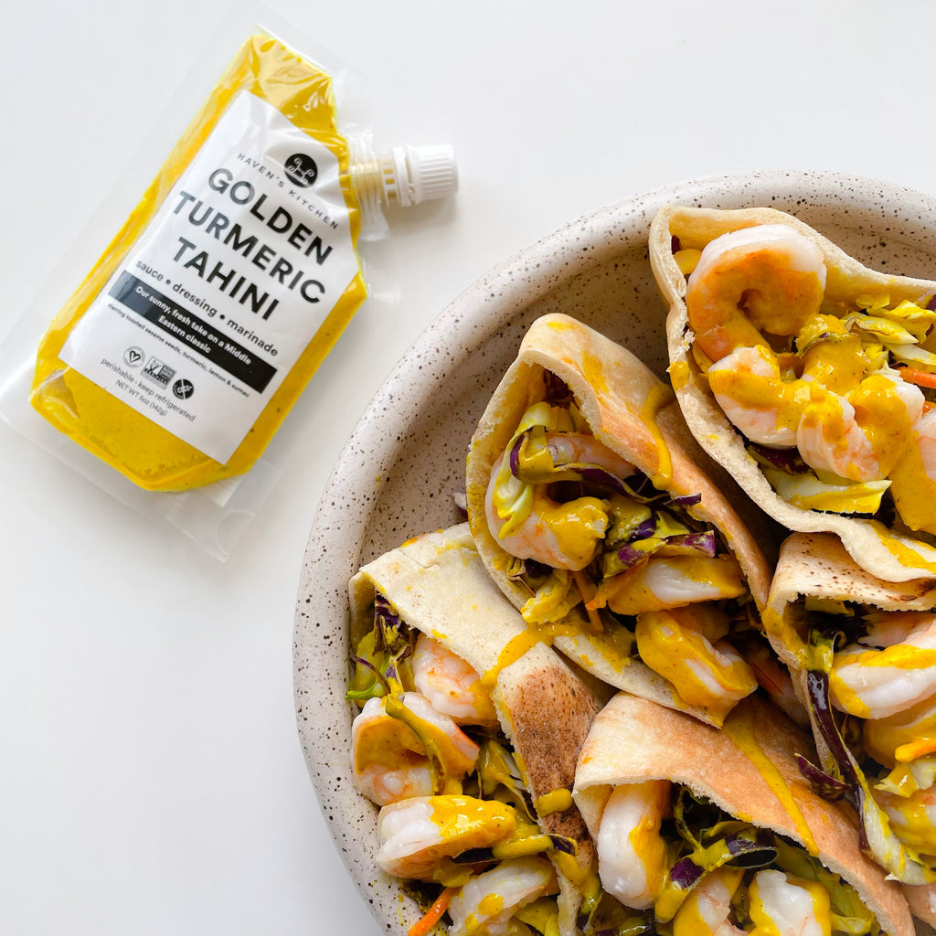 Golden Tahini Shrimp Pita