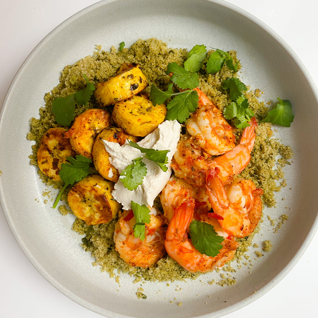 Fonio with Marinated Shrimp and Chimichurri Plantains