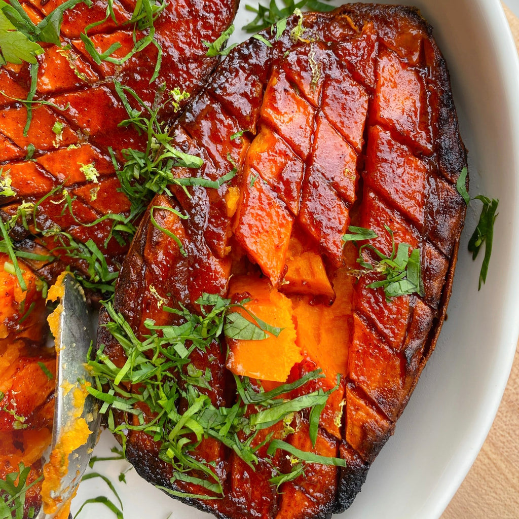 Roasted Harissa Honey Sweet Potatoes