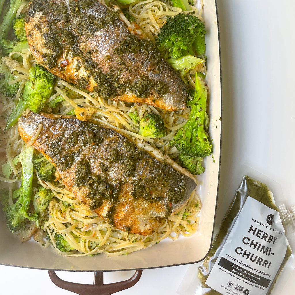 Linguini with Chimichurri Broccoli and Branzino
