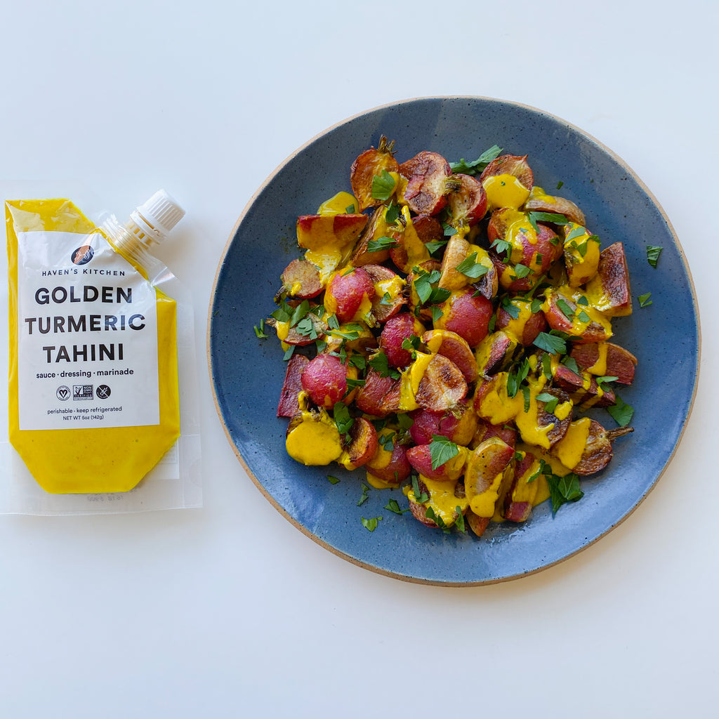 Golden Tahini Roasted Radishes
