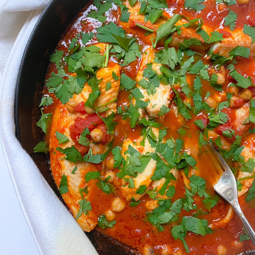 Harissa Simmered Tilapia with Chickpeas