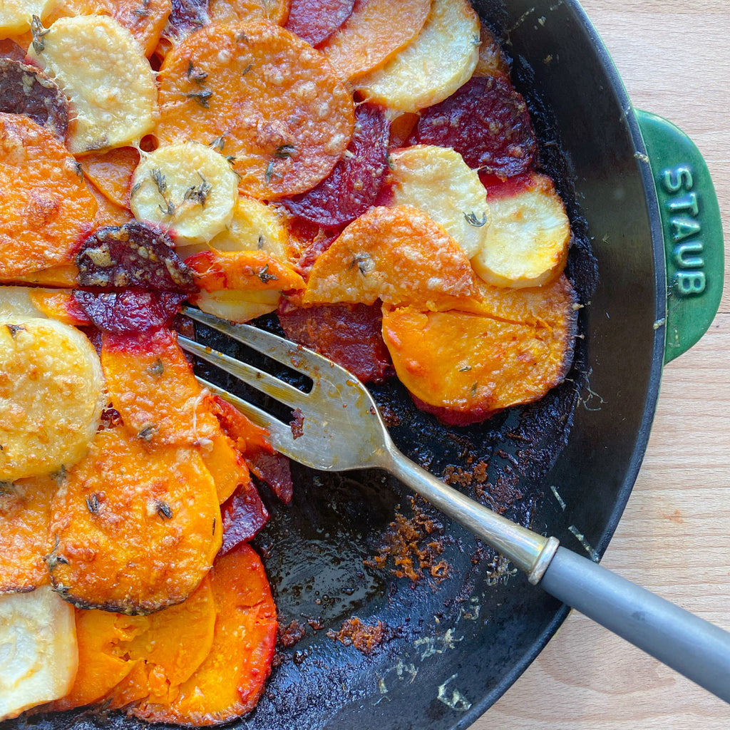Root Vegetable Gratin with Romesco