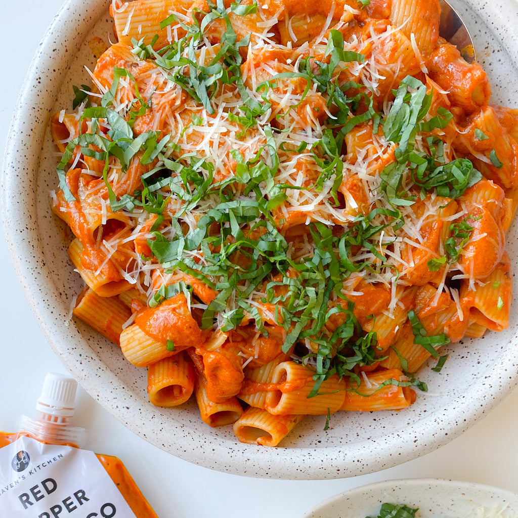 Romesco Rigatoni with Vegan Cheese and Basil