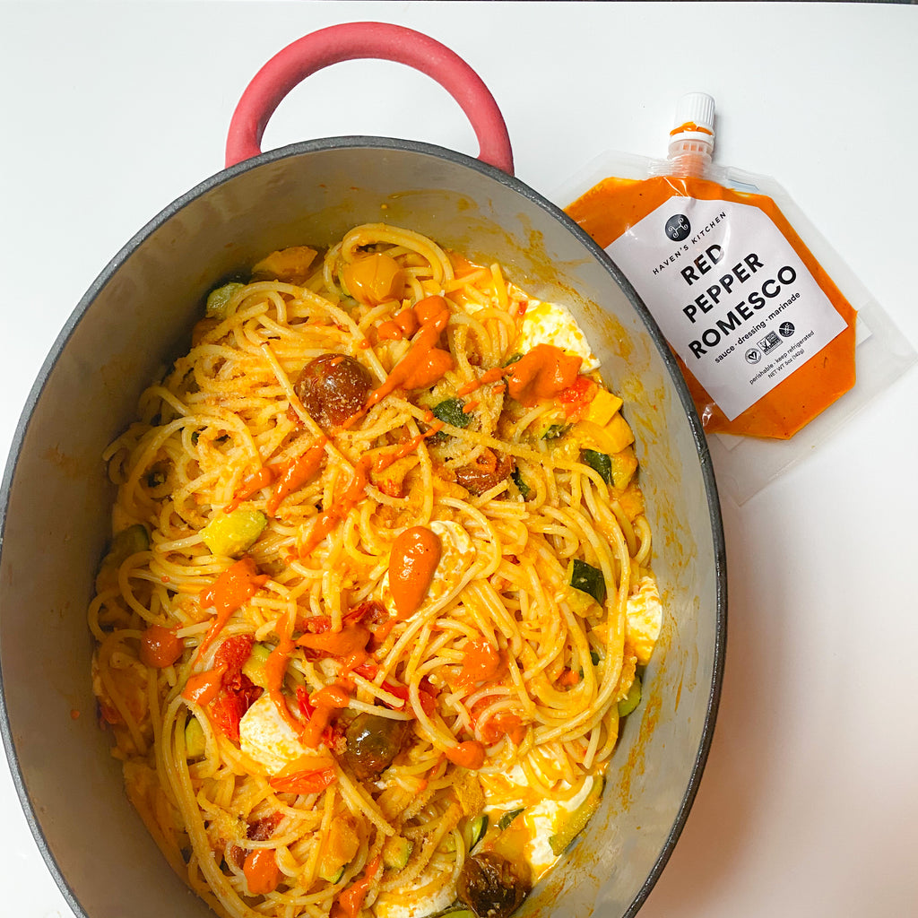 Red Pepper Romesco Pasta with Veggies