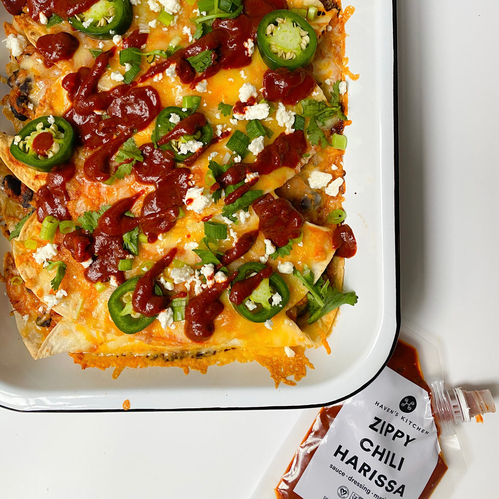 Harissa, Sweet Potato, and Black Bean Enchiladas