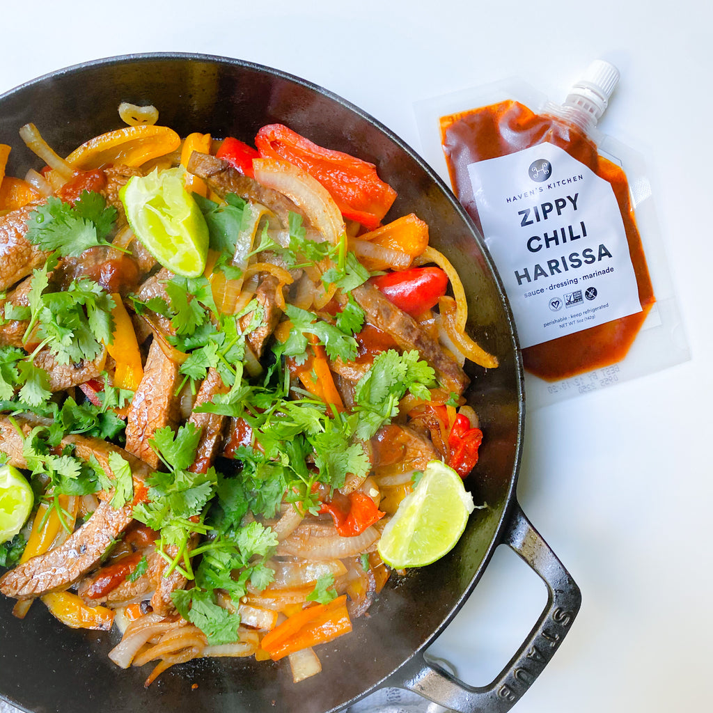 One Pan Harissa Steak with Peppers & Onions