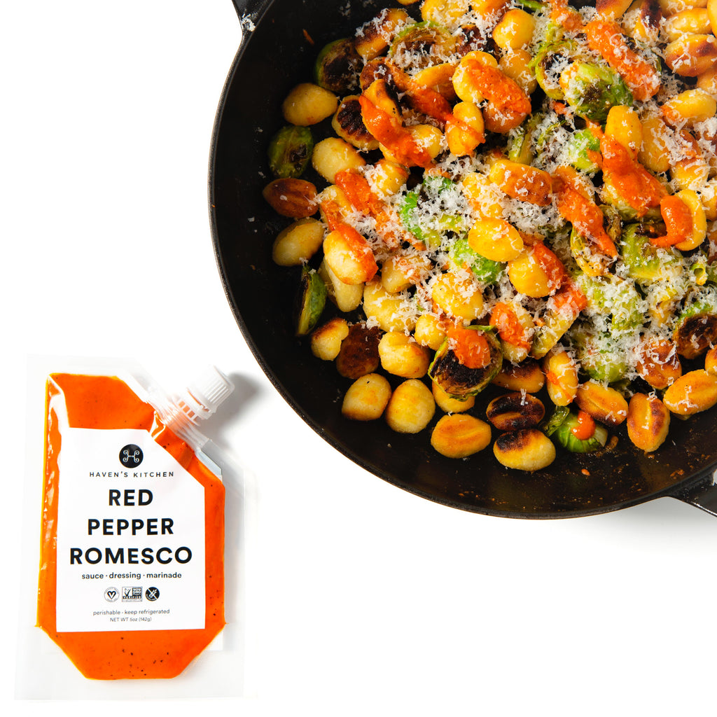 Crispy Pan-Fried Gnocchi with Brussels and Romesco